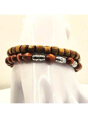 Boho Wood Bead Bracelet Stack, Unisex Tribal Bracelet Set, Earth Tone Beaded